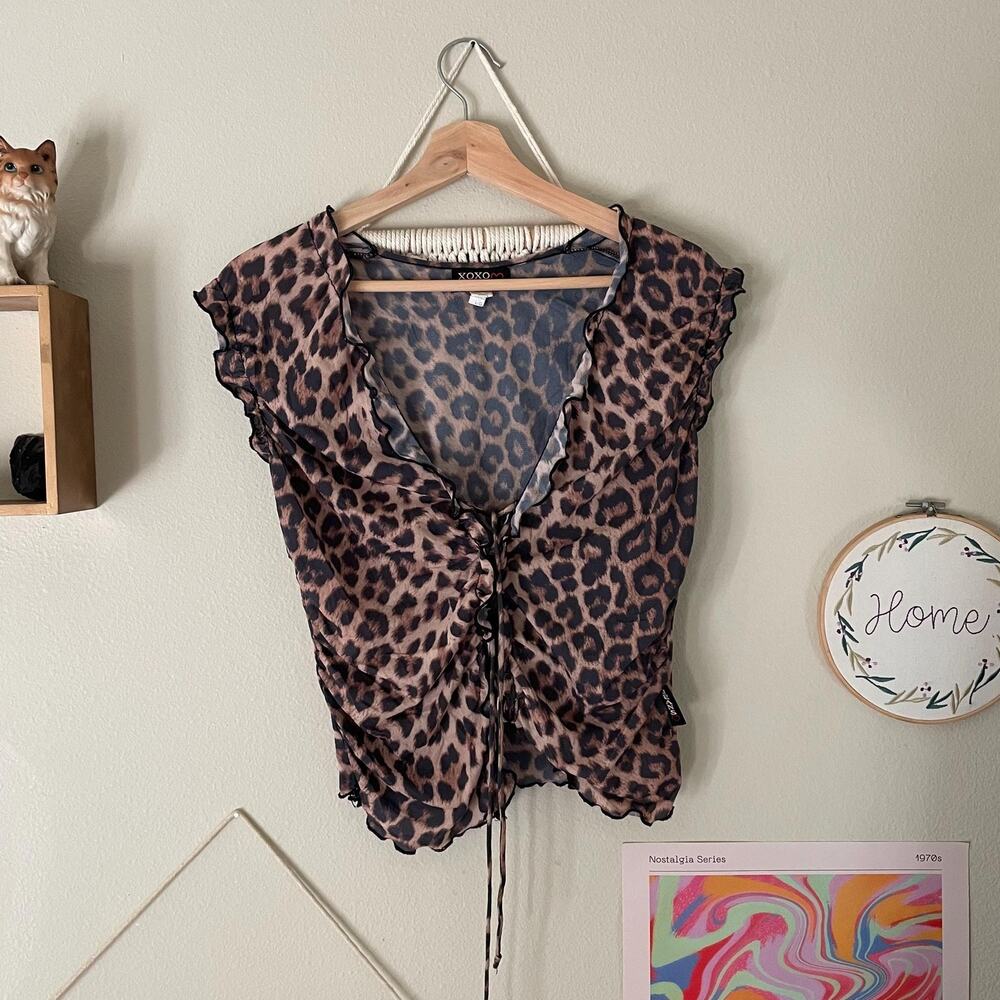 Y2K vintage 2000s XOXO leopard print lace up top mcbling rockstar indie sleaze